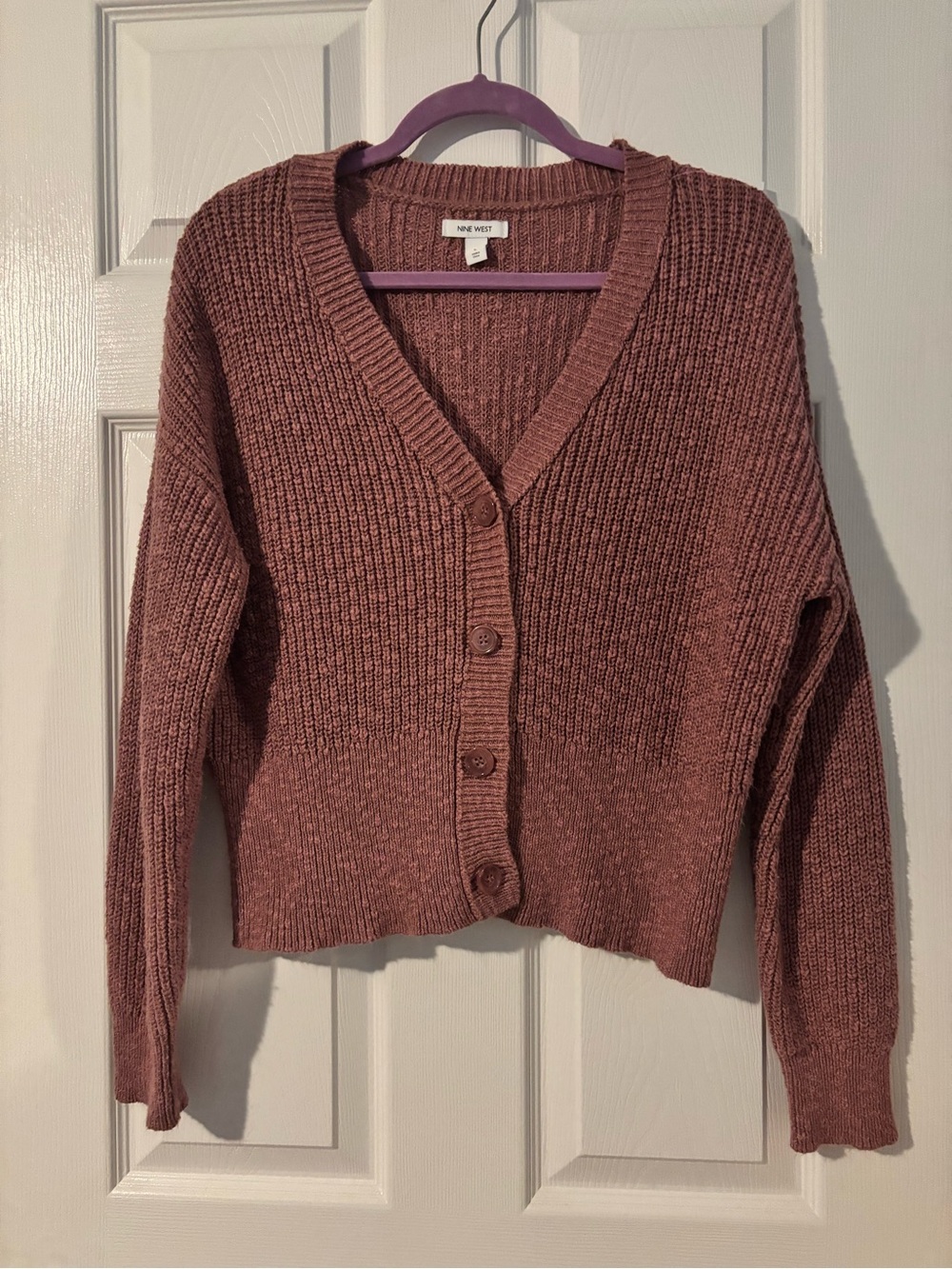Nine West Mauve Button-Front V-Neck Ribbed Cardigan